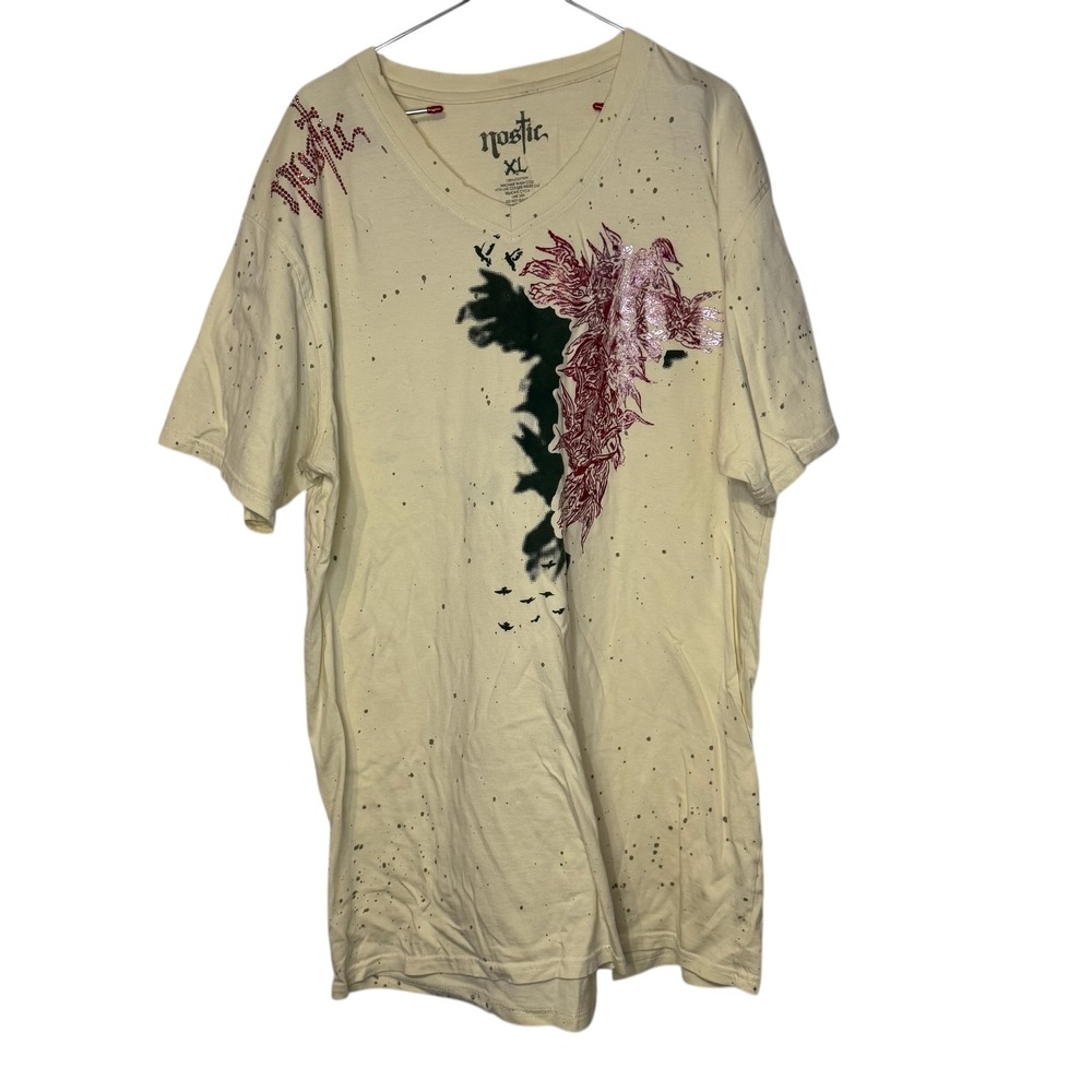 Nostic Men's T-Shirt‎ Paint Splatter Beaded V-Neck Short Sleeve Cotton Beige XL